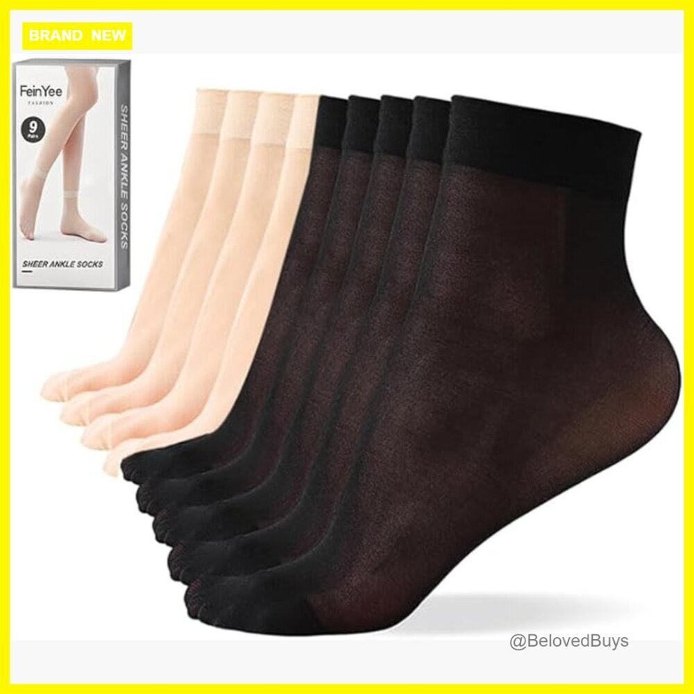 9 Pairs Sheer Ankle Socks, Reinforced Toe, Nylon Spandex Blend, One Size